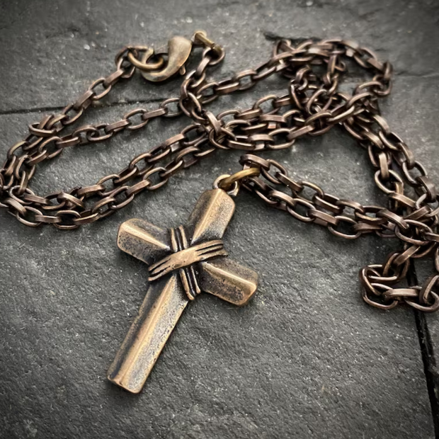 Bronze Vintage Cross Necklace - Men's Religious Jewelry with Unisex Appeal | Antiqued Brass Chain Included