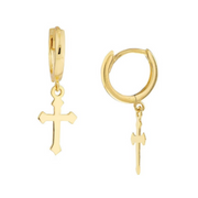 Cross Hoop Earrings 14K Solid Yellow Gold