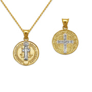 San Benito Medal Pendant - 14K Solid Two Tone Gold, Saint Benedict Medallion - Two Sided Religious Jewelry