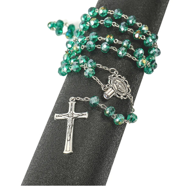Green Crystallized Beads Rosary Bracelet with Our Father Prayer Projection, Miraculous Centerpiece & Jesus Crucifix