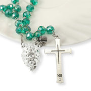 Green Crystallized Beads Rosary Bracelet with Our Father Prayer Projection, Miraculous Centerpiece & Jesus Crucifix