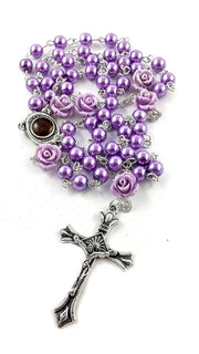 Purple Rosary Necklace with Imitation Pearl Beads, Rose Accents, Lourdes Medal, and Crucifix