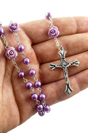 Purple Rosary Necklace with Imitation Pearl Beads, Rose Accents, Lourdes Medal, and Crucifix