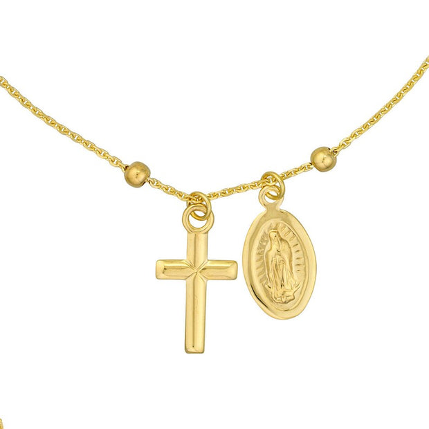 14K Solid Gold Rosary Bracelet with Miraculous Virgin Mary Medal and Cross Charm